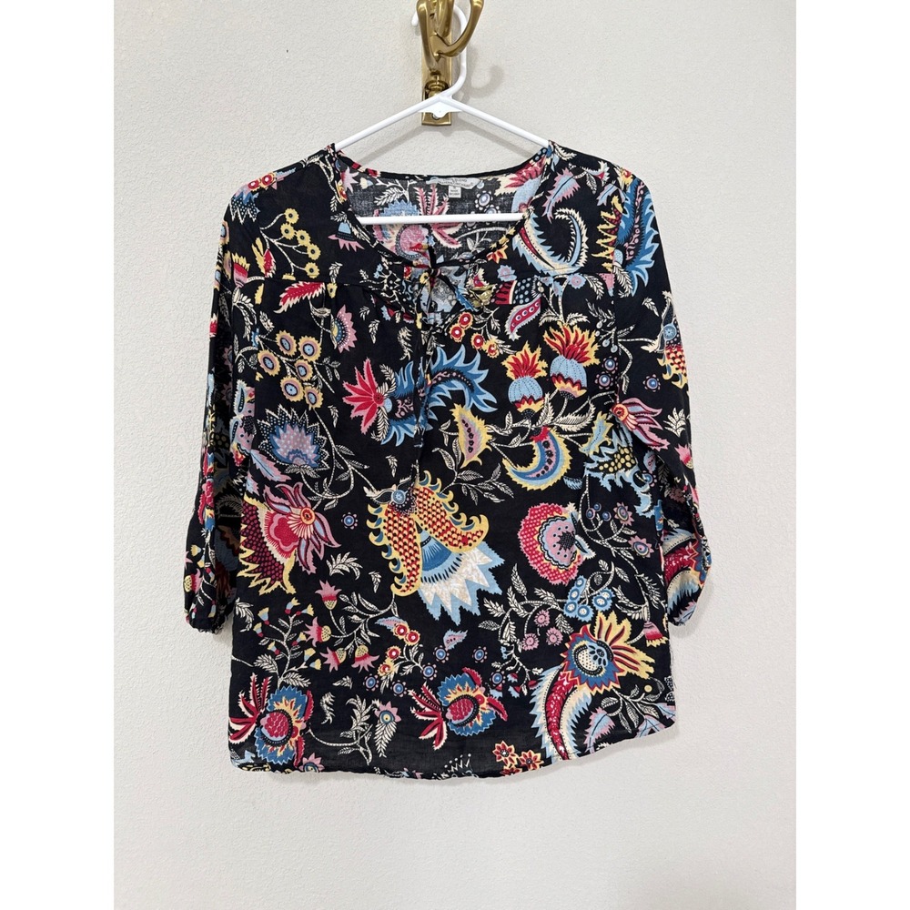 Hester &‎ Orchard Blouse Womens Small Black Floral Paisley Linen Blend Tie Neck